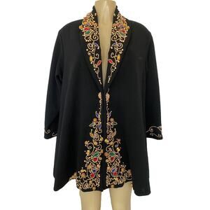 Diane Freis Knit Jacket Cardigan Sweater Blazer Black Embellish Long Sle…